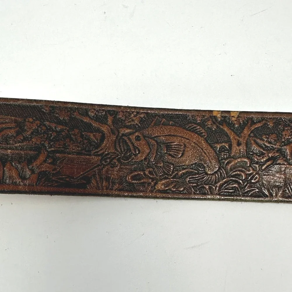 Vintage Tooled Leather Fishing Belt USA Made Bass Scene Preston Brown 32-36